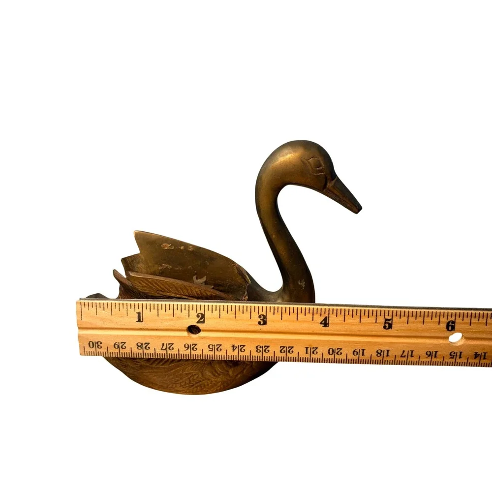 Vintage Brass Swan Planter Deep Catchall Feather Details MCM Decor 6